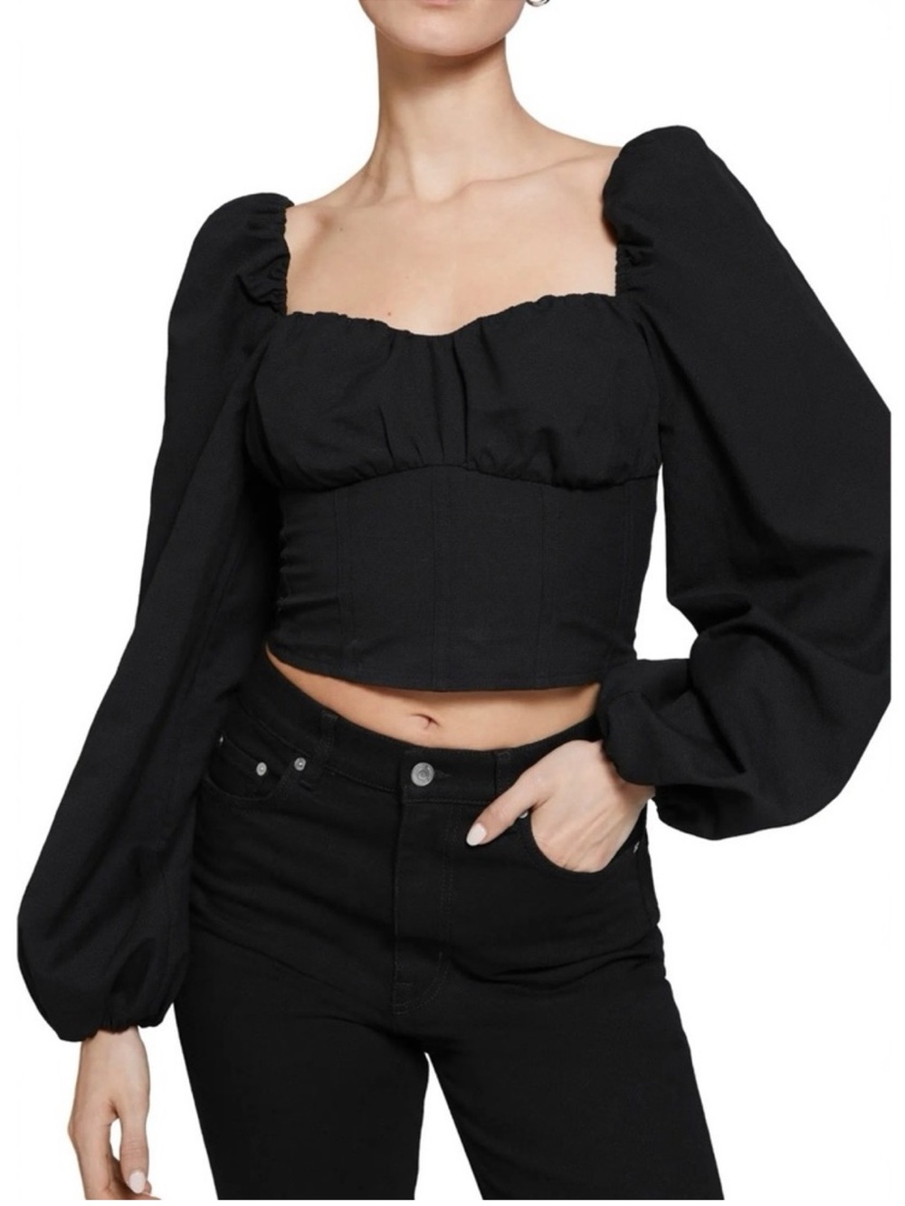 NEW & OTHER STORIES BLACK PUFF SLEEVE CROP TOP - Picture 1 of 5